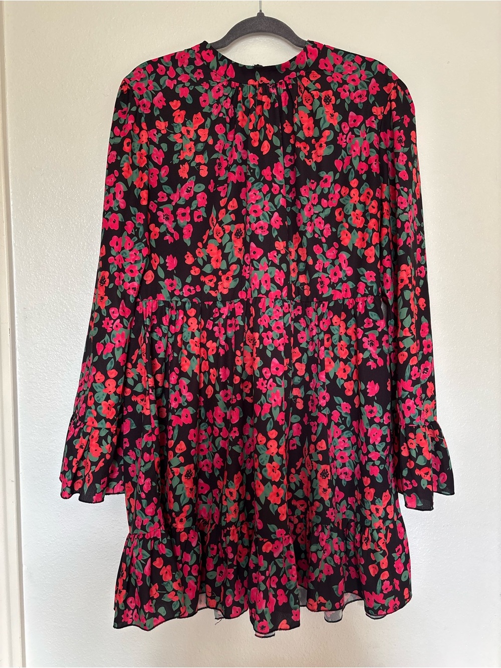 SHEIN Black Long Sleeve Floral Mini Dress with Red and Pink Blossoms